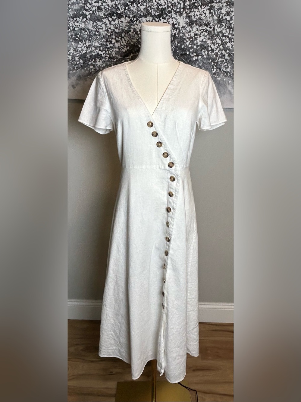 Madewell White linen blend Button-Front V-Neck Midi Dress short sleeve size 4 - Picture 4 of 14